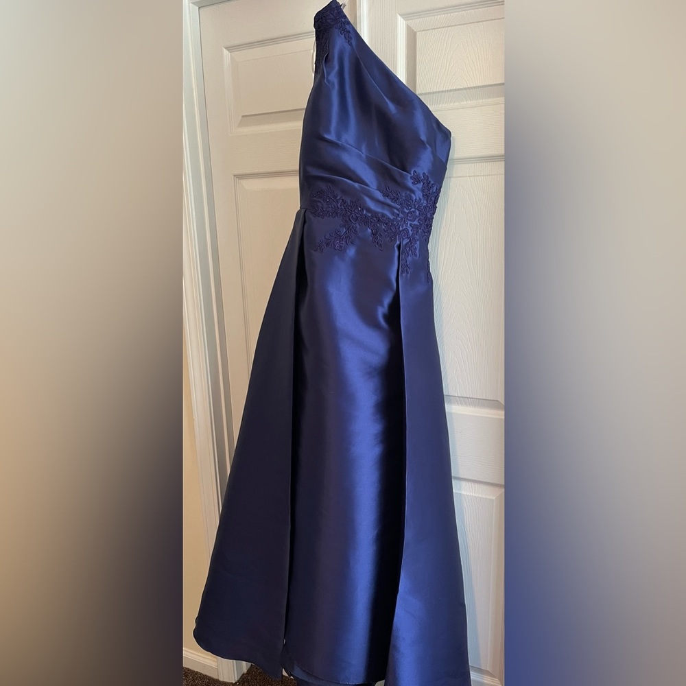 Elegant One-Shoulder Navy Dress MGNY mother of the groom/brice